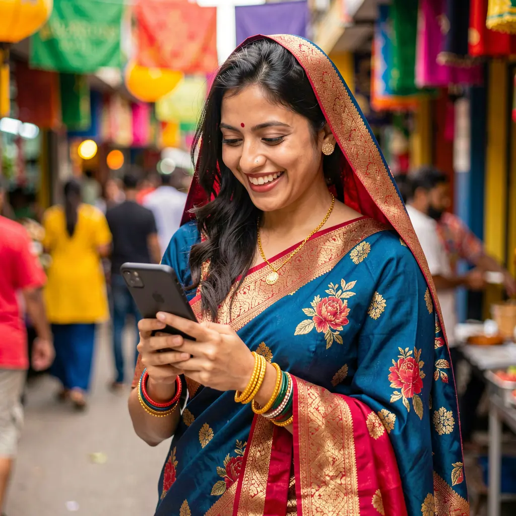 Elegant Bangladeshi woman enjoying mobile gaming with the 786JL BET app while browsing colorful online casino features