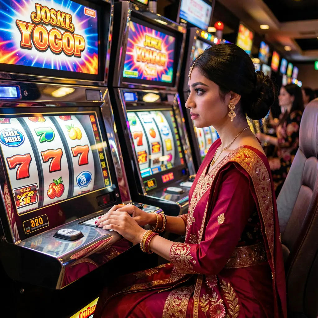 Elegant woman playing a modern slot machine in a luxury casino atmosphere with glowing lights and jackpot symbols on the screen at 786JL BET in Bangladesh